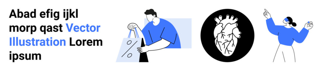 Three characters performing different actions including shopping, boxing, and gesturing, adjacent to a monochrome heart diagram. Ideal for healthcare, fitness, e-commerce, design, education