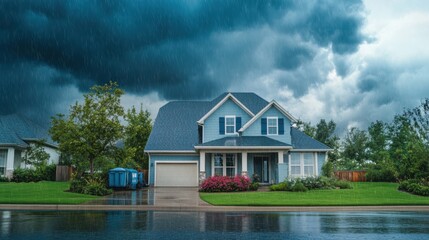 House Surrounded by Rain and Stormy Clouds in Residential Area