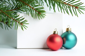 colorful watercolor ornaments sit pristine white canvas serene green backdrop pine