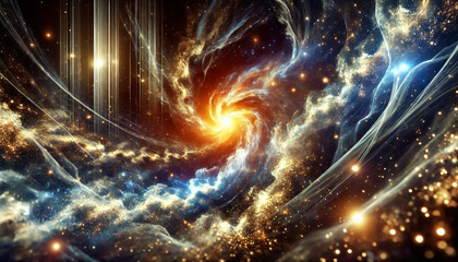 Obraz premium Kosmisches Neujahrskonzept: Illustration leuchtender kosmischer Sternennebel und galaktischer Lichter in Gold und Blau