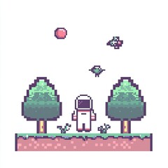 Fototapeta premium Pixel Art Astronaut in a Peaceful Landscape Game Background 8 bit Cute Trees