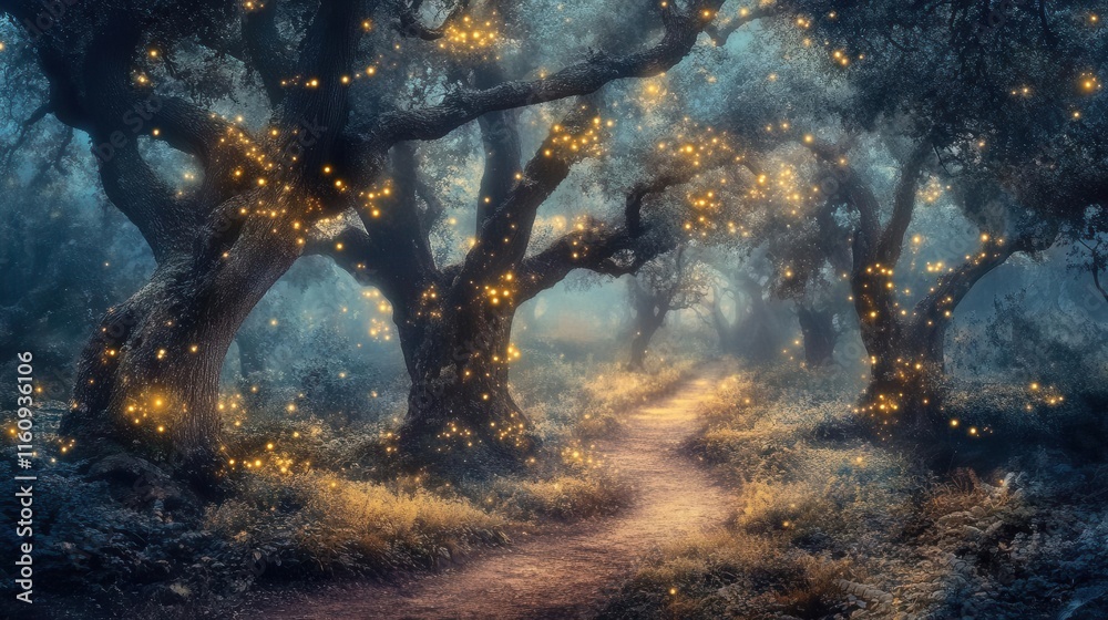 Wall mural mystical foggy forest path illuminated by moonlight creating ethereal atmosphere with glowing bokeh 