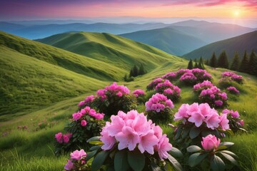 Obraz premium there are many pink flowers in the field on the mountain