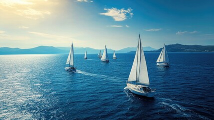 Sailboats glide across tranquil waters under bright, expansive s