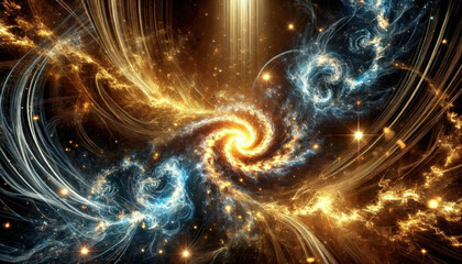 Kosmischer Lichterzauber: Illustration wirblender kosmischer Sternennebel und galaktischer Lichtkonstellationen in Gold und Blau