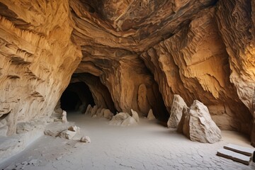 there is a cave with a bench in it and a bench in the middle