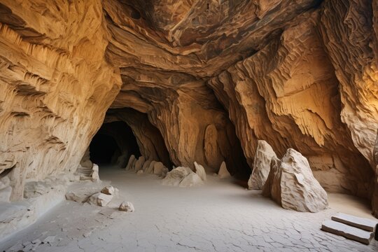 there is a cave with a bench in it and a bench in the middle