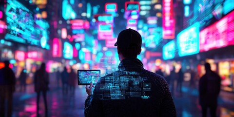 Person Using Tablet in Neon Cityscape with Digital Effects