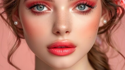 Close-up of a beauty model's face, showcasing makeup artistry and radiant skincare.