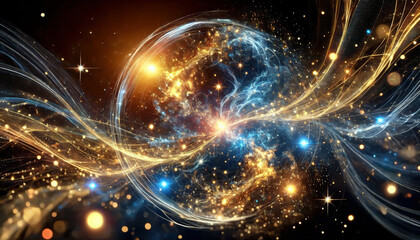 Zauberhafte kosmische Harmonie: In Gold und Blau leuchtende Illustration kosmischer Lichter, Licht- und Energieströme im dynamischen Gleichgewicht