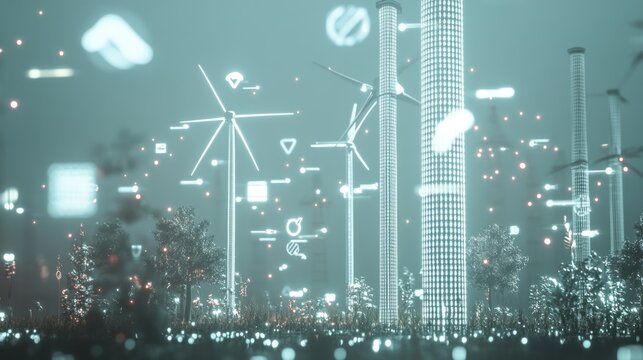 Futuristic cityscape with wind turbines and digital overlays.