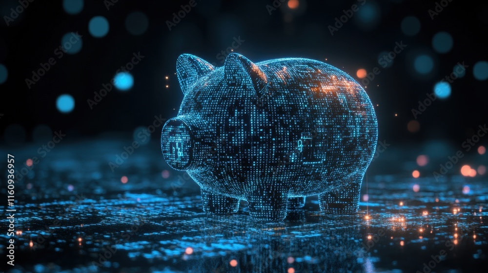 Poster digital piggy bank concept with binary code and glowing particles
