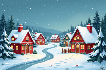 Fototapeta premium cozy village scene features colorful houses trees festive atmosphere amidst snowy winter