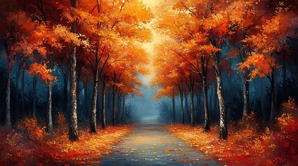 Golden Forest Pathway Brimming with Falling Autumn Leaves Background