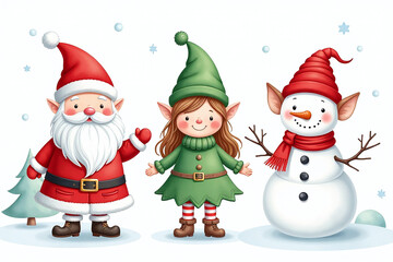 cute fairy tale characters christmas new year designs featuring santa elves snowmen watercolor style white