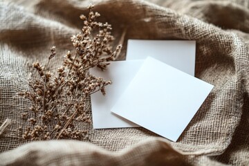 Natural elements combined with blank cards on textured fabric create a rustic aesthetic in a cozy setting