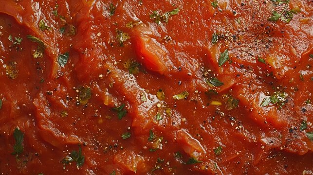 organic tomato sauce texture with fresh herbs and spices artistically spread, culinary background for professional food photography