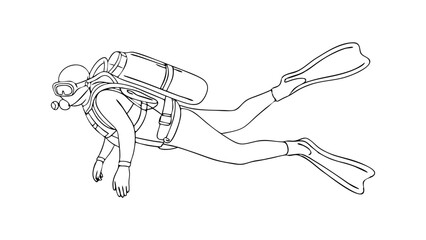 Professional Scuba Diver line art Vector Illustration