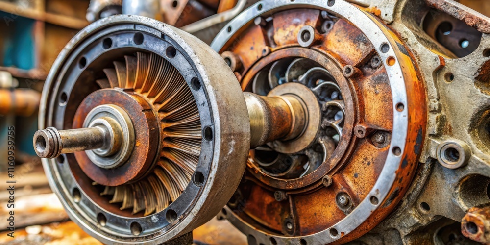 Poster a close-up of an intricate rusty engine component, showcasing the complex gears, shafts, and blades 
