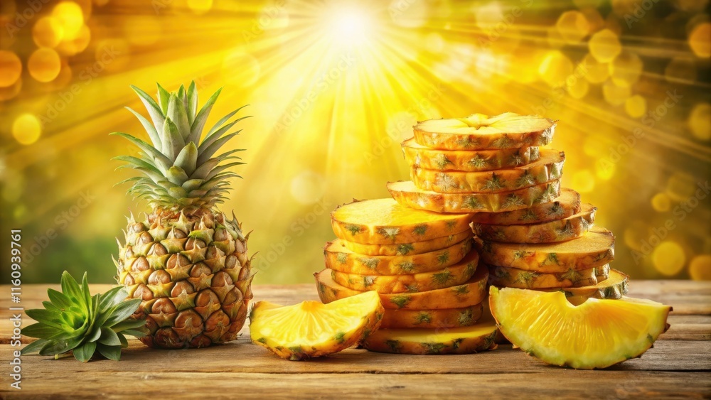 Poster a freshly sliced pineapple with one whole pineapple and a sprig of green leaves on a wooden table in