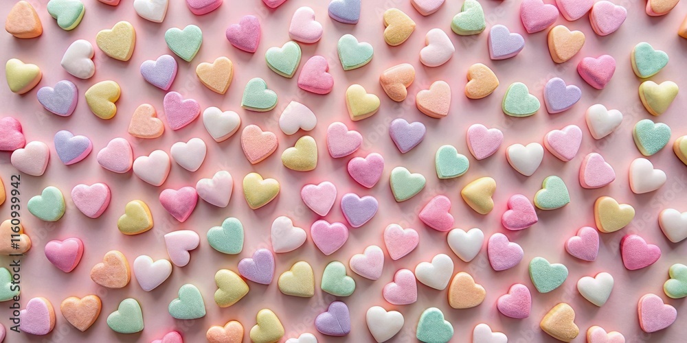 Poster a vibrant and cheerful pattern of heart-shaped candy on a soft pink background, a delightful visual 
