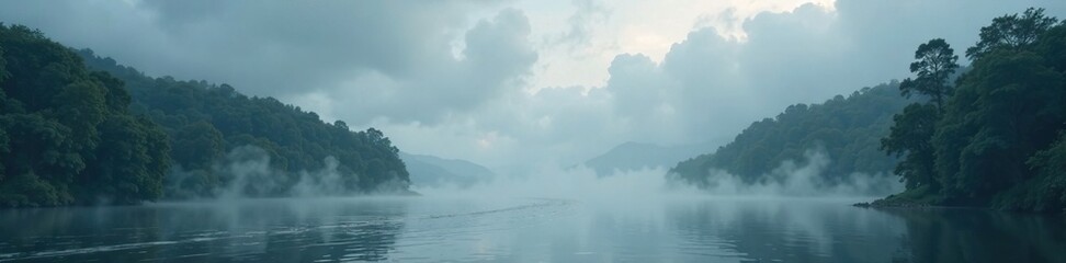 Grey turbulent clouds hover over river surface, river, mist