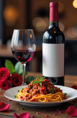 Dinner pasta with minced meat и bottle of red wine, wineglass and pink roses. Plain white label mockup on bottle. Front view