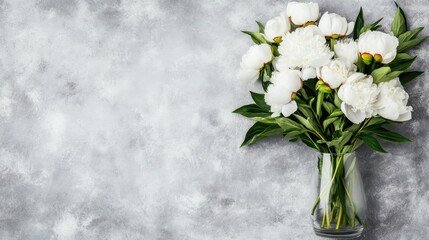 Obraz premium White peonies bloom gracefully in a glass vase, showcasing soft lighting against a clean, neutral background, reflecting a modern aesthetic