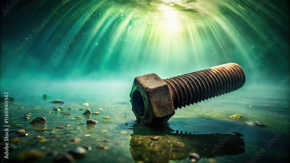 Leinwandbilder a rusty bolt submerged in a shallow pool of water with sunlight shining through the surface