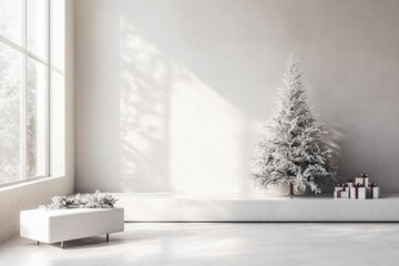 Minimalist interior showcases snowy Christmas tree beside beauti
