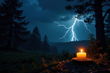 Flickering candlelight amidst stormy darkness, , peaceful haven, warm glow