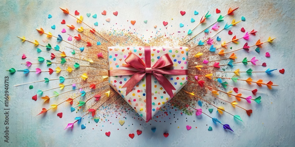 Poster a colorful array of paper hearts surrounding a gift box tied with a pink bow