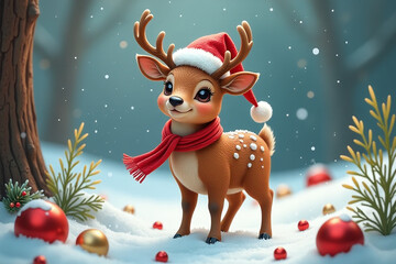 Fototapeta premium deer santa hat scarf holiday decorations surround winter scene featuring cute forest wild animal festive