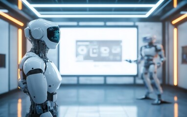 White poster on a digital screen that transforms in real-time with augmented reality features, set in a room with interactive holograms and robotics in the background 