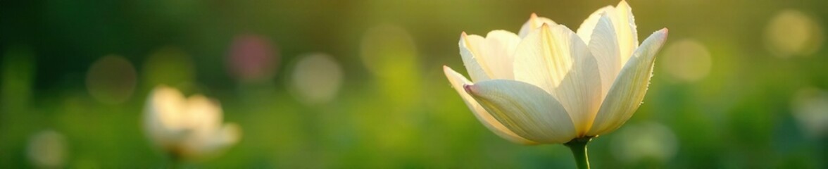 Fototapeta premium Delicate white petals unfolding in morning dew, garden, bloom