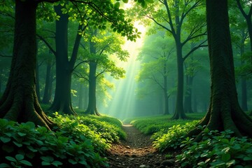 Fototapeta premium Dense forest canopy over vast expanse of forest floor, foliage, nature, atmosphere