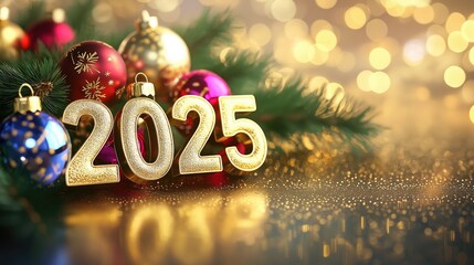 Luxury New Year '2025' Celebration with Golden Numbers, Christmas Tree Branches, Colorful Ornaments, and Glitter on a Premium Gold Background for Elegant Holiday Greeting Card and Banner Design.