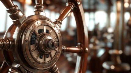 Close-up of a vintage ship's wheel in a wheelhouse.