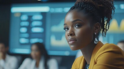 professional african american female executive leading diverse business team meeting in modern corporate boardroom, analyzing financial data on digital screens, collaborative workspace