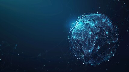 Digital Earth globe with connected nodes and network, on dark blue.