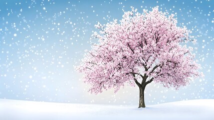 Obraz premium A magnificent and beautiful cherry blossom tree standing alone, with a beautiful view of the winter season