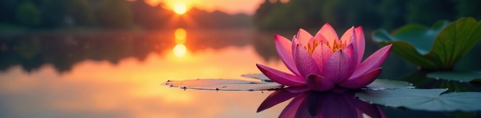 Fototapeta premium A water lily blooms on a quiet lake at sunset, sunset, serenity
