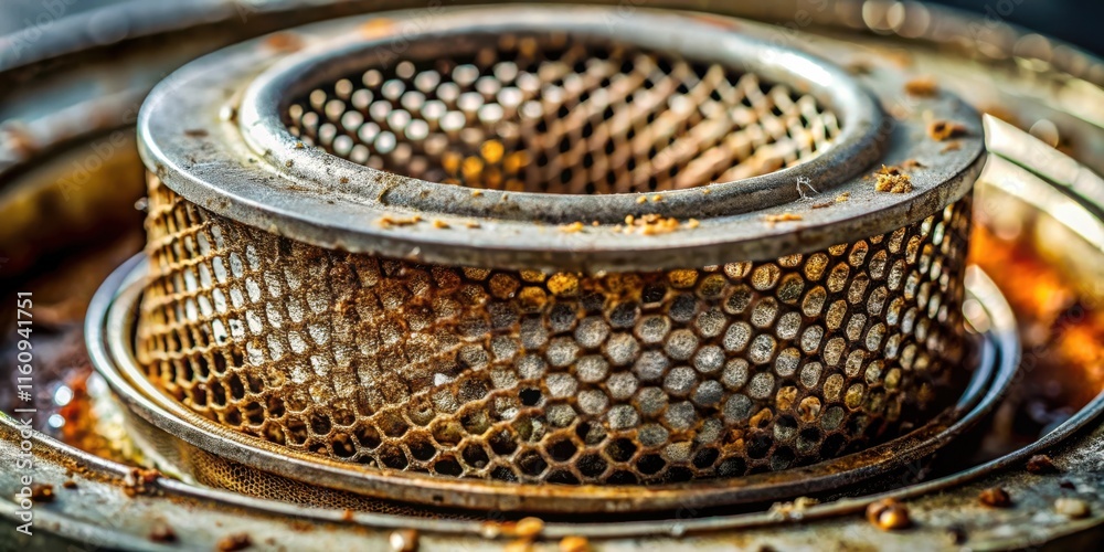 Poster A Worn Metal Filter with a Hexagonal Mesh Pattern Showing Signs of Rust and Wear