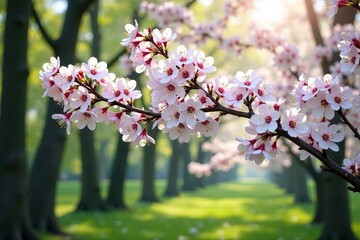Fototapeta premium A picturesque white blossoming cherry blossom tree in a serene forest, flowers, blossoms, bloom