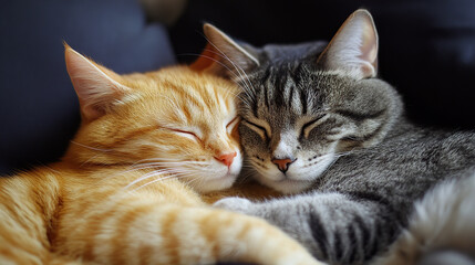 Two Sleeping Cats Cuddling Indoors