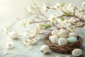 Obraz premium Bird nest with painted eggs and white blossoms.