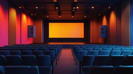 Empty movie theater with vibrant lighting, rows of seats, and a large screen.