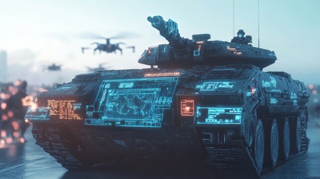 Futuristic tank with drones in a city.