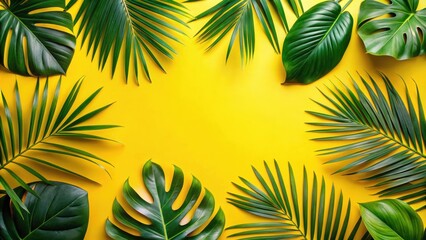 Naklejka premium A vibrant yellow background featuring a lush arrangement of tropical palm leaves and foliage, creating a natural and summery scene.