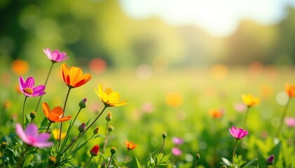 Wildflower field with a sunny meadow and a few isolated flowers, spring, wildflowers